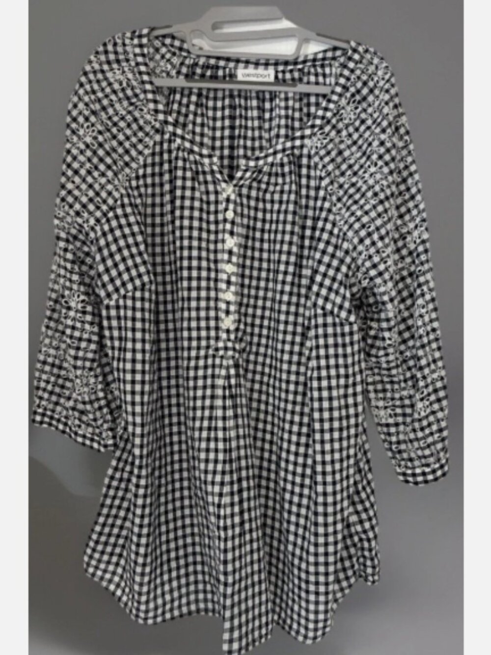 Westport Womens 2X Black & White Gingham Checkered Blouse W Embroidered Raglan - Picture 2 of 7